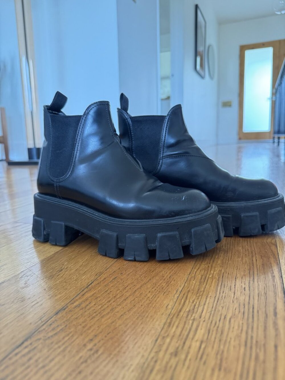 Prada Monolith Brushed Leather Chelsea Boots Black Lug Sole 37 IT